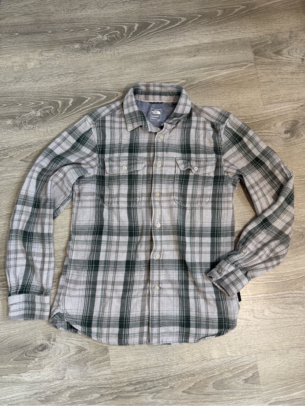 The North Face Green and Gray Plaid Button-Down Flannel Shirt